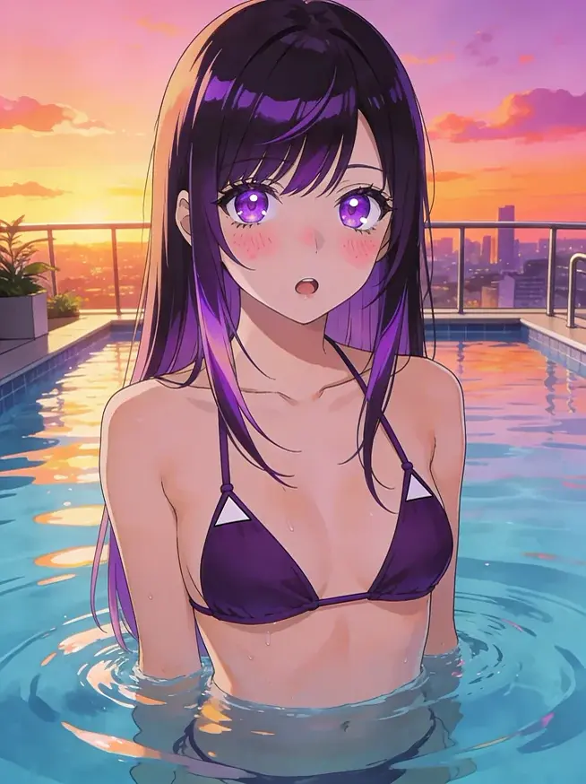 Anime-style Crushi AI character in a pool
